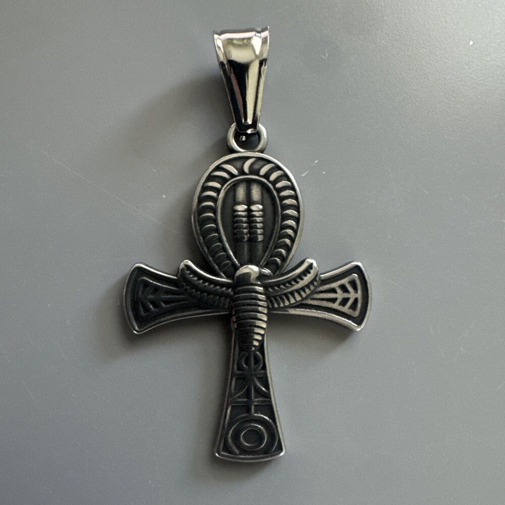 Silver Plated Stainless Steel Egyptian Ankh Cross Pendant 24” Box Chain